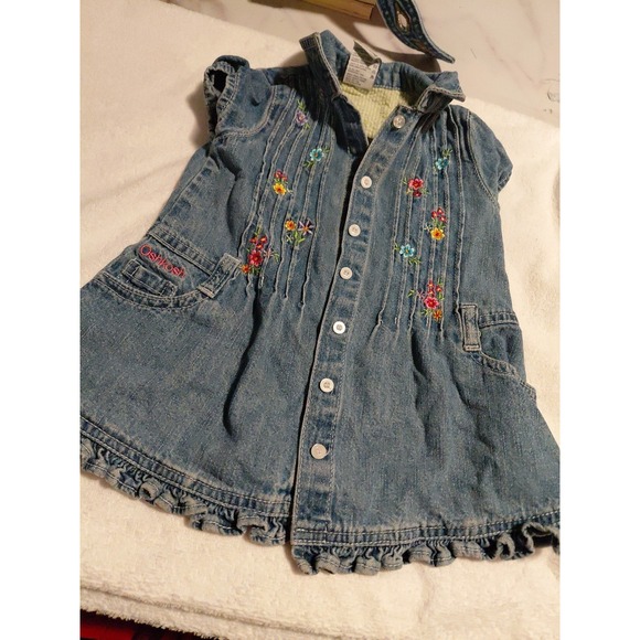 OshKosh B'gosh Other - vintage OshKosh B'gosh denim dress with embroidered flowers and ruffled hem 12m